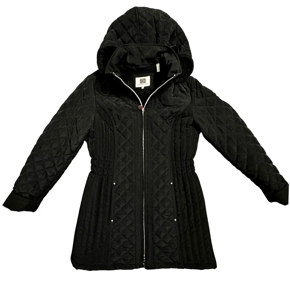 Laundry by Design Black Quilted Hooded Parka Jacket Women's Size Small‎ Full Zip